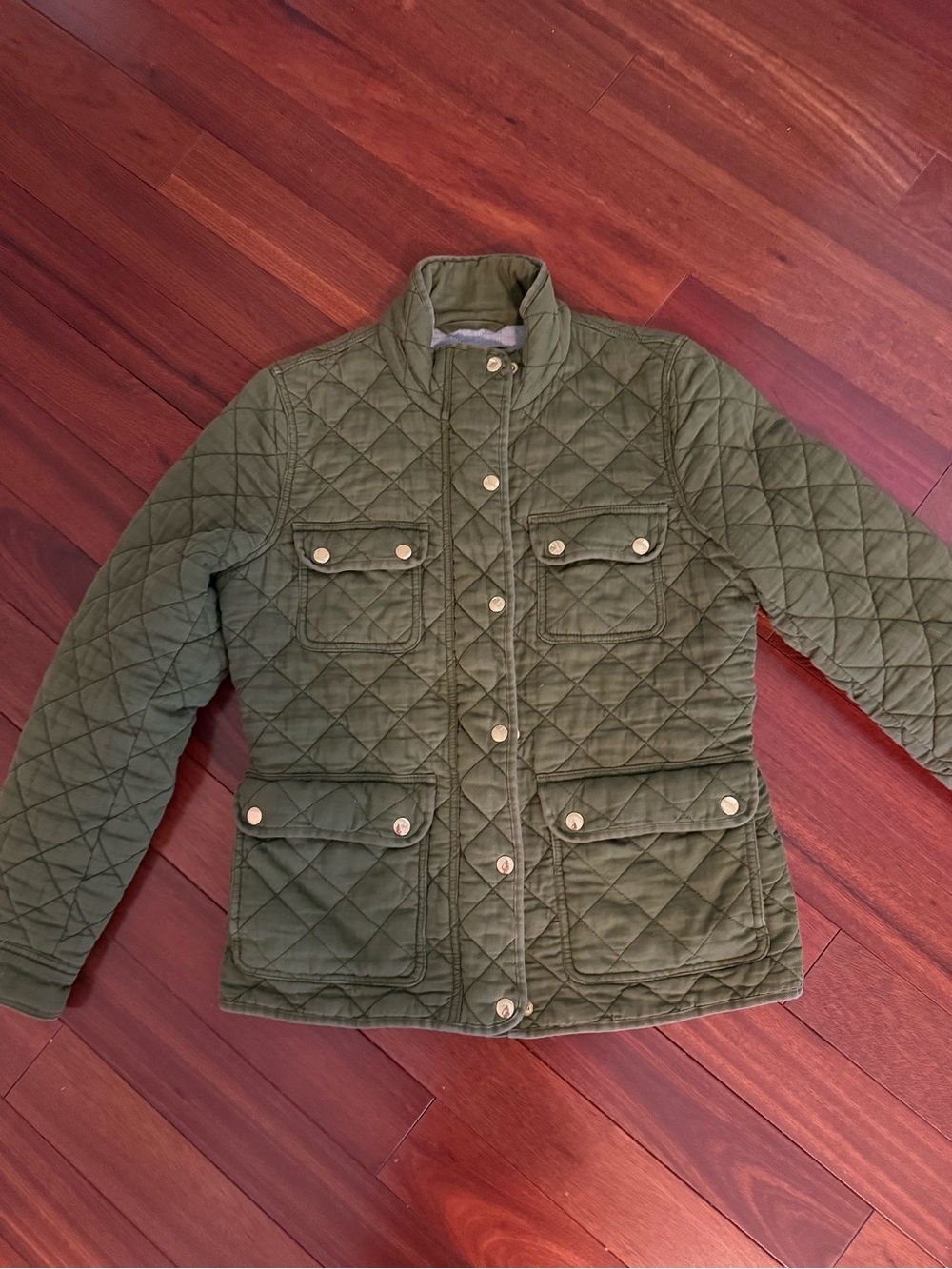 J Crew Quilted Jacket Coat SZ M Rich Army Green Embellished W Gold Buttons